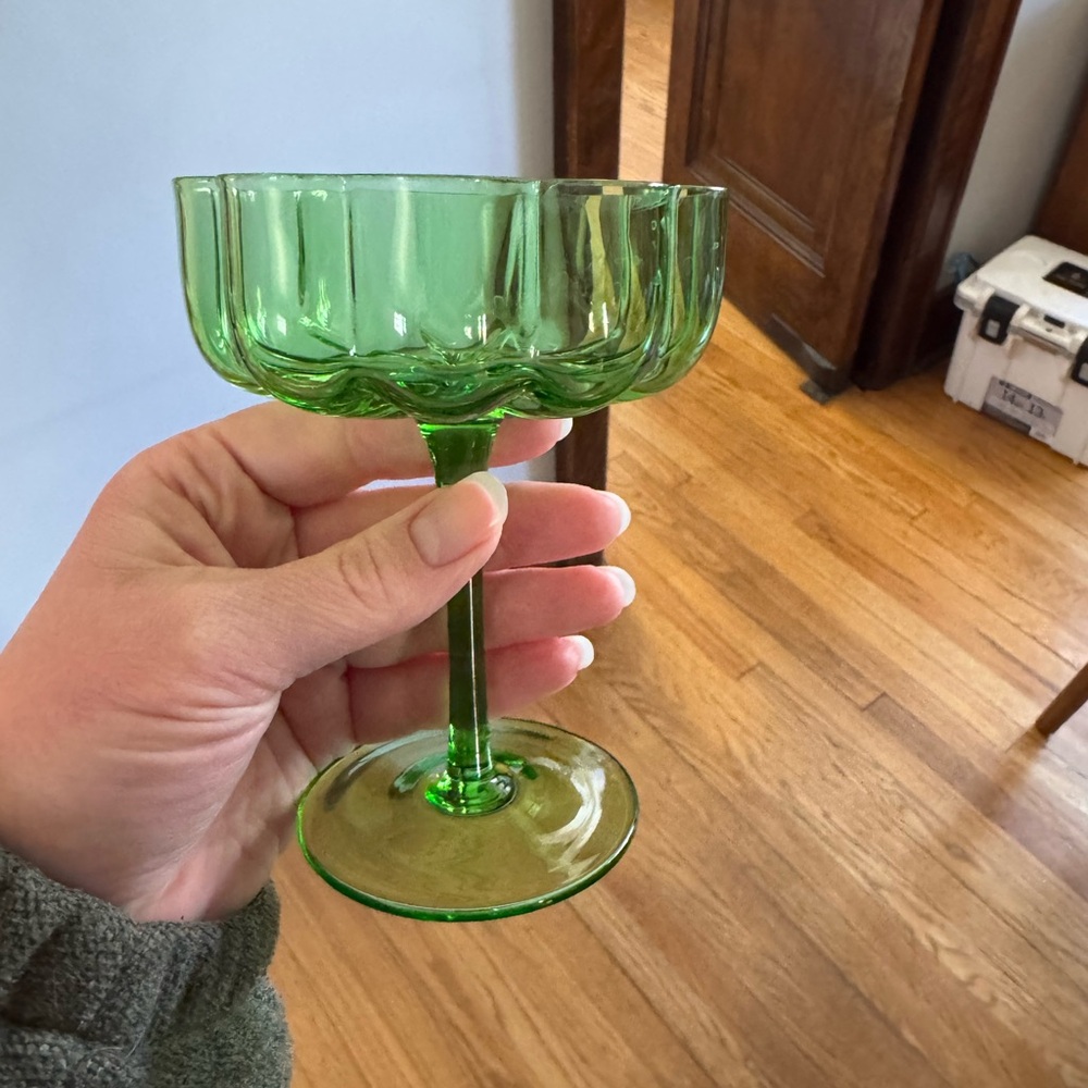 Two Green Glass Coupes - Elegant Goblets for Home Dining